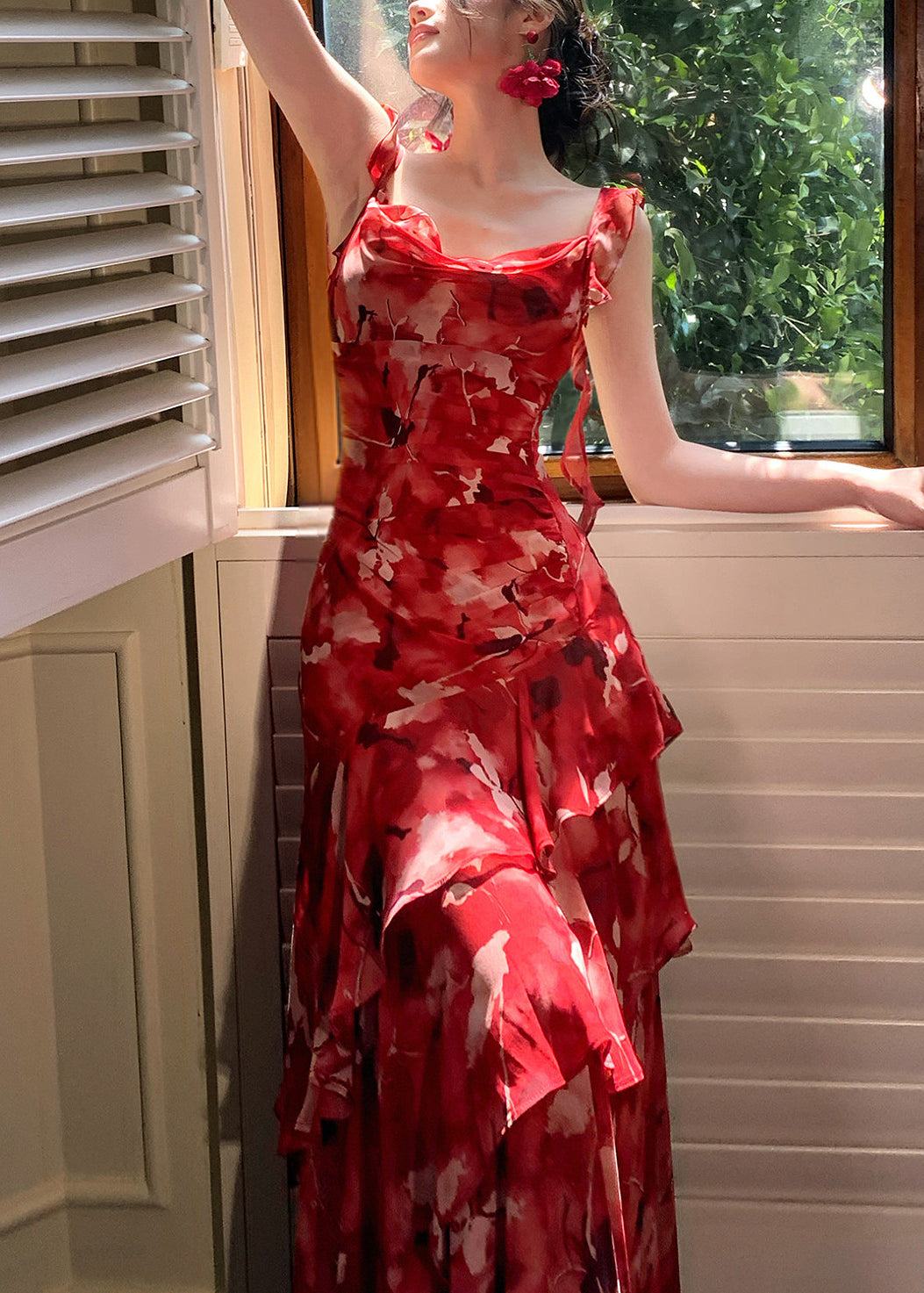Modern Red Ruffled Print Long Spaghetti Strap Dress Summer