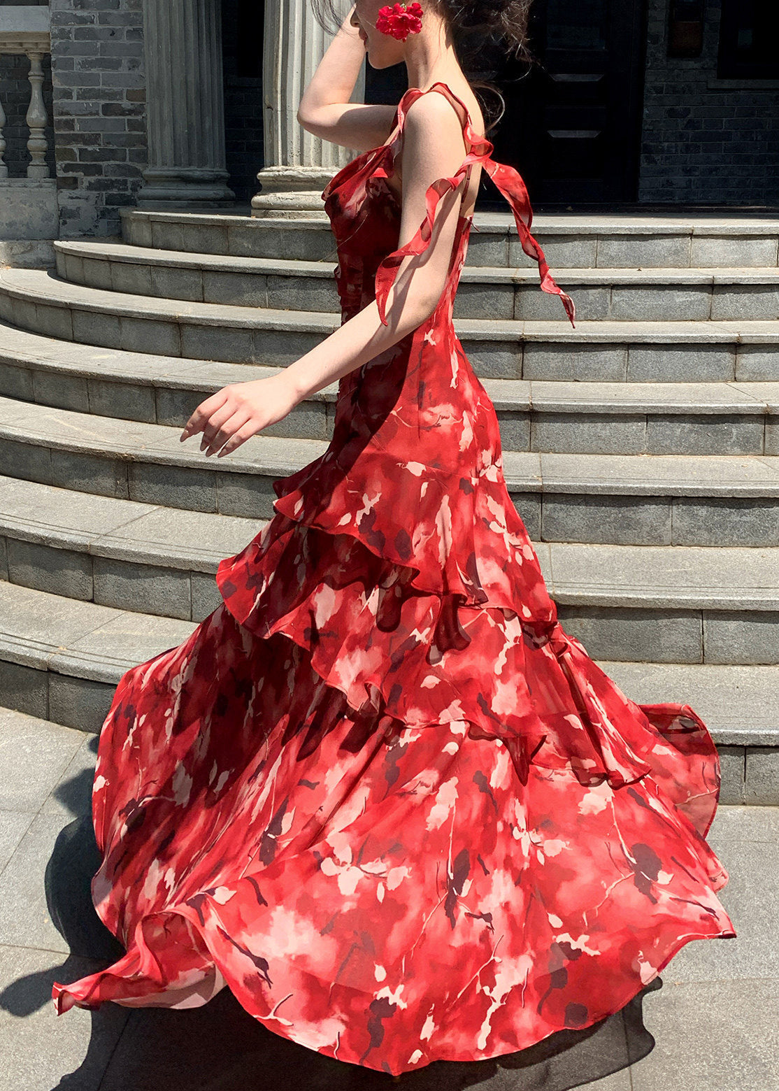 Modern Red Ruffled Print Long Spaghetti Strap Dress Summer