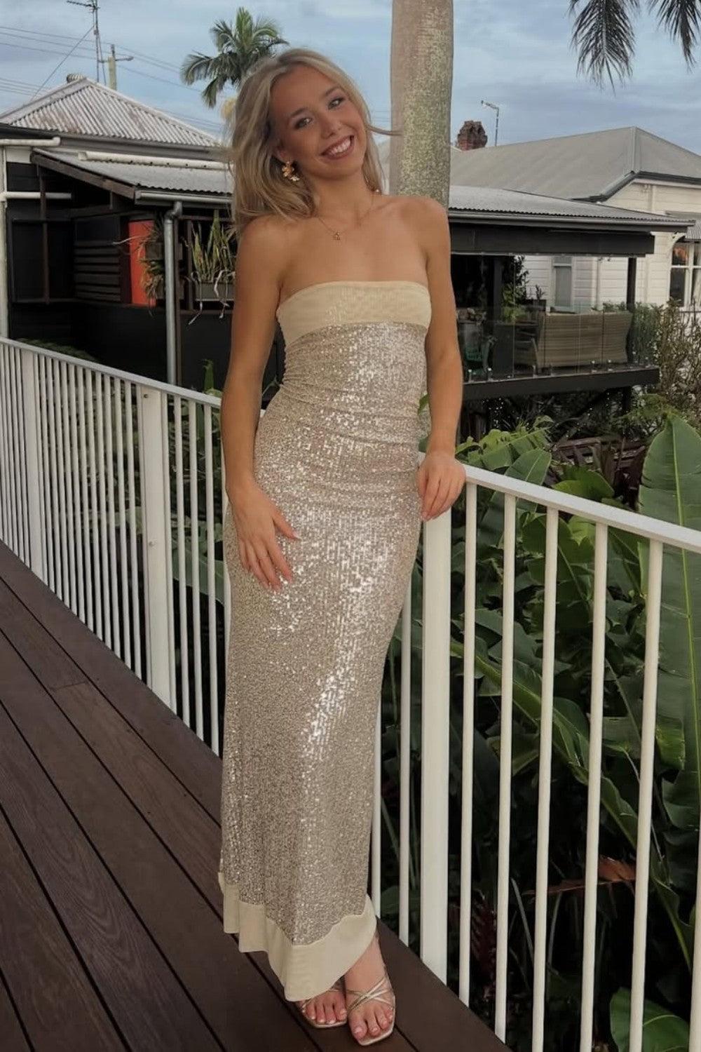 Suzhoufashion Modern Sequin Strapless Prom Gown With Minimalist Design And Glamorous Finish Formal Evening Gown