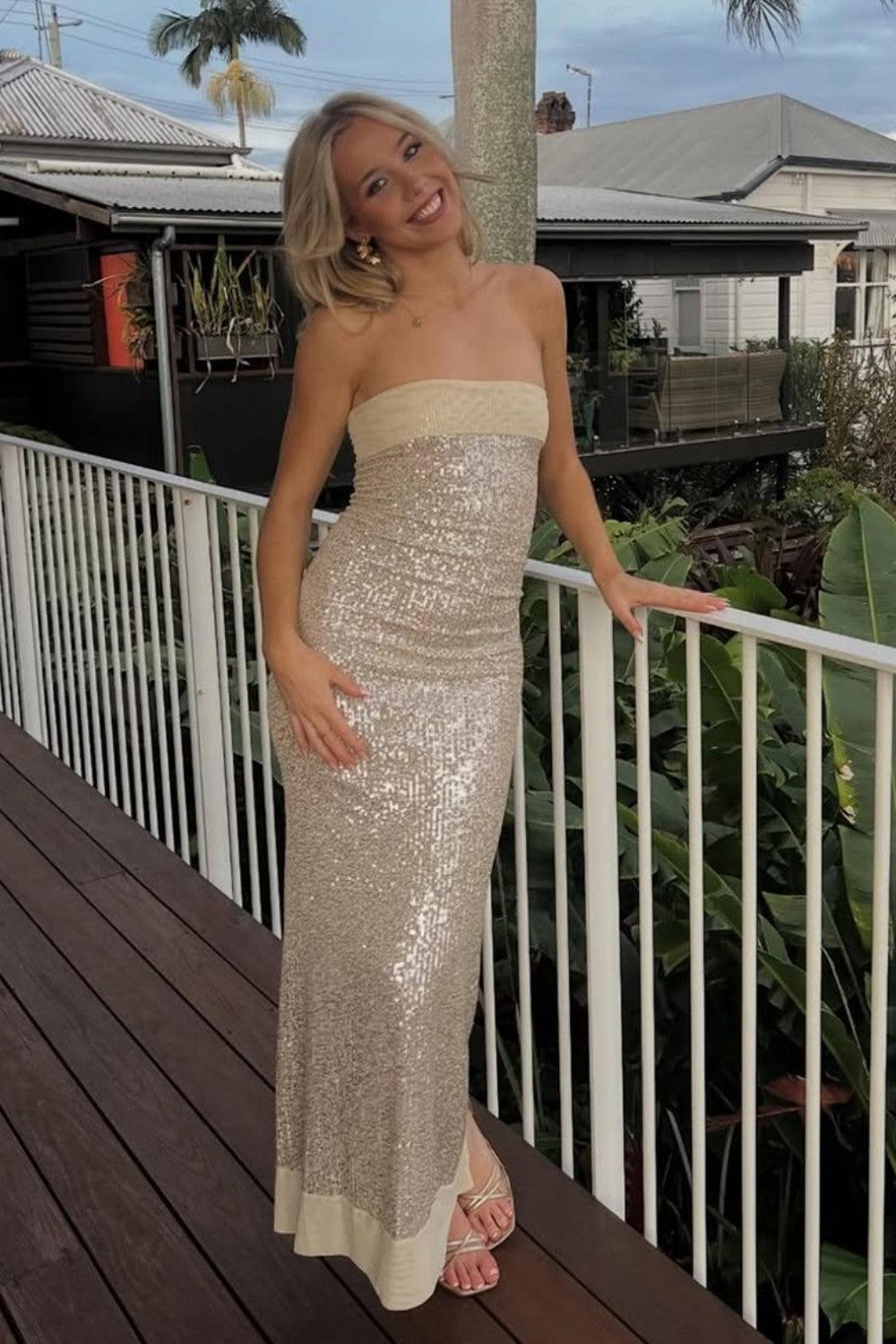 Suzhoufashion Modern Sequin Strapless Prom Gown With Minimalist Design And Glamorous Finish Formal Evening Gown