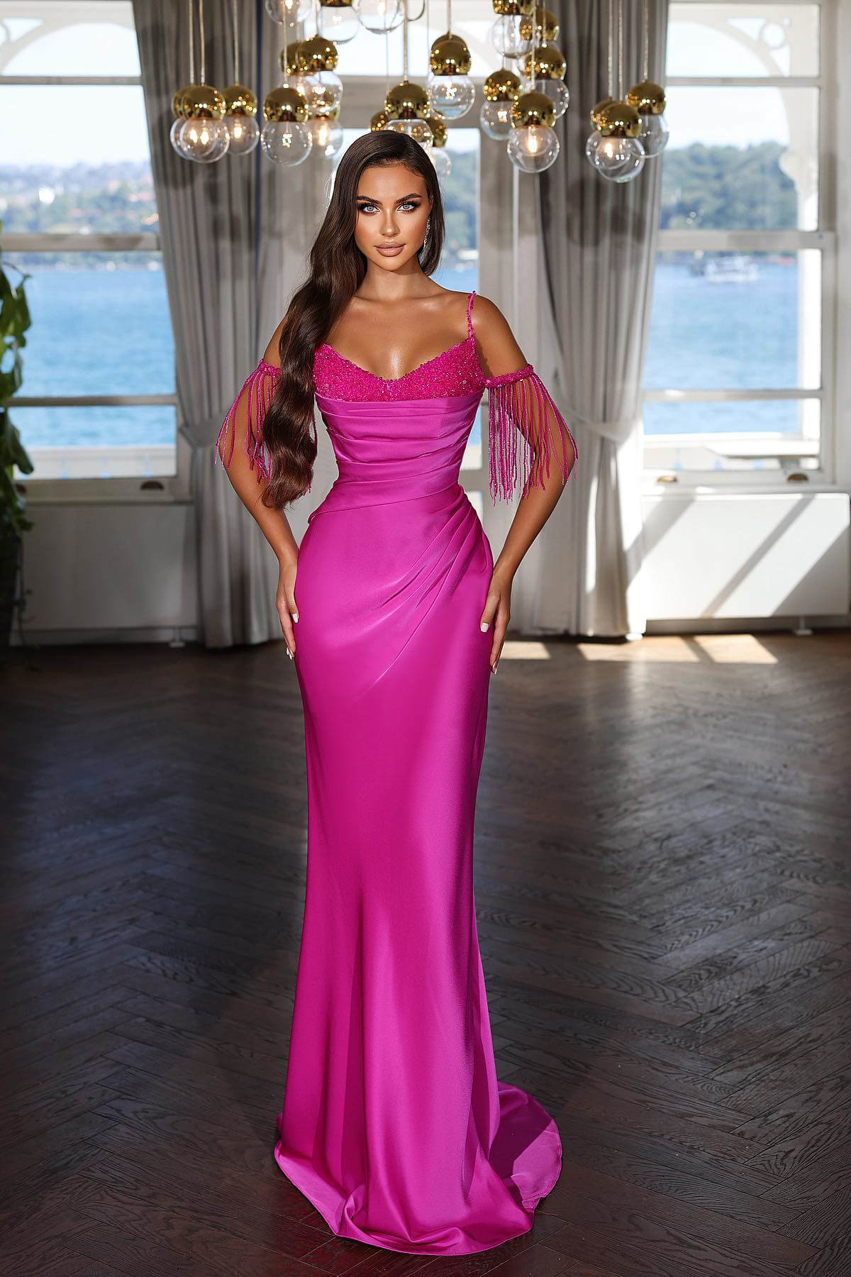 Modern Spaghetti Straps Mermaid Satin Evening Dress with Beads