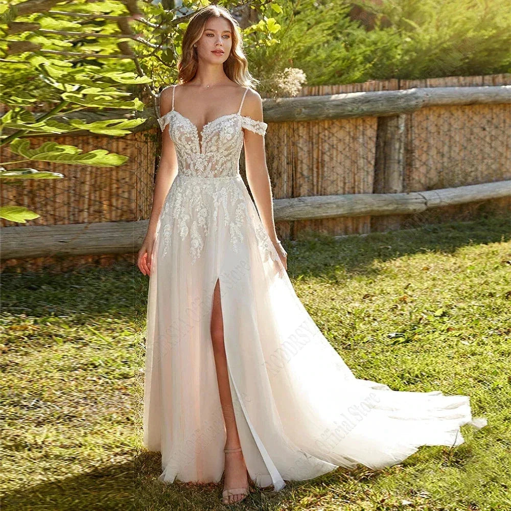 Modern Spaghetti Straps Wedding Dress A-Line New 2023 Civil Bride Bride A-Line Tulle Sweep Train Vestidos De Novia (ZD13309)