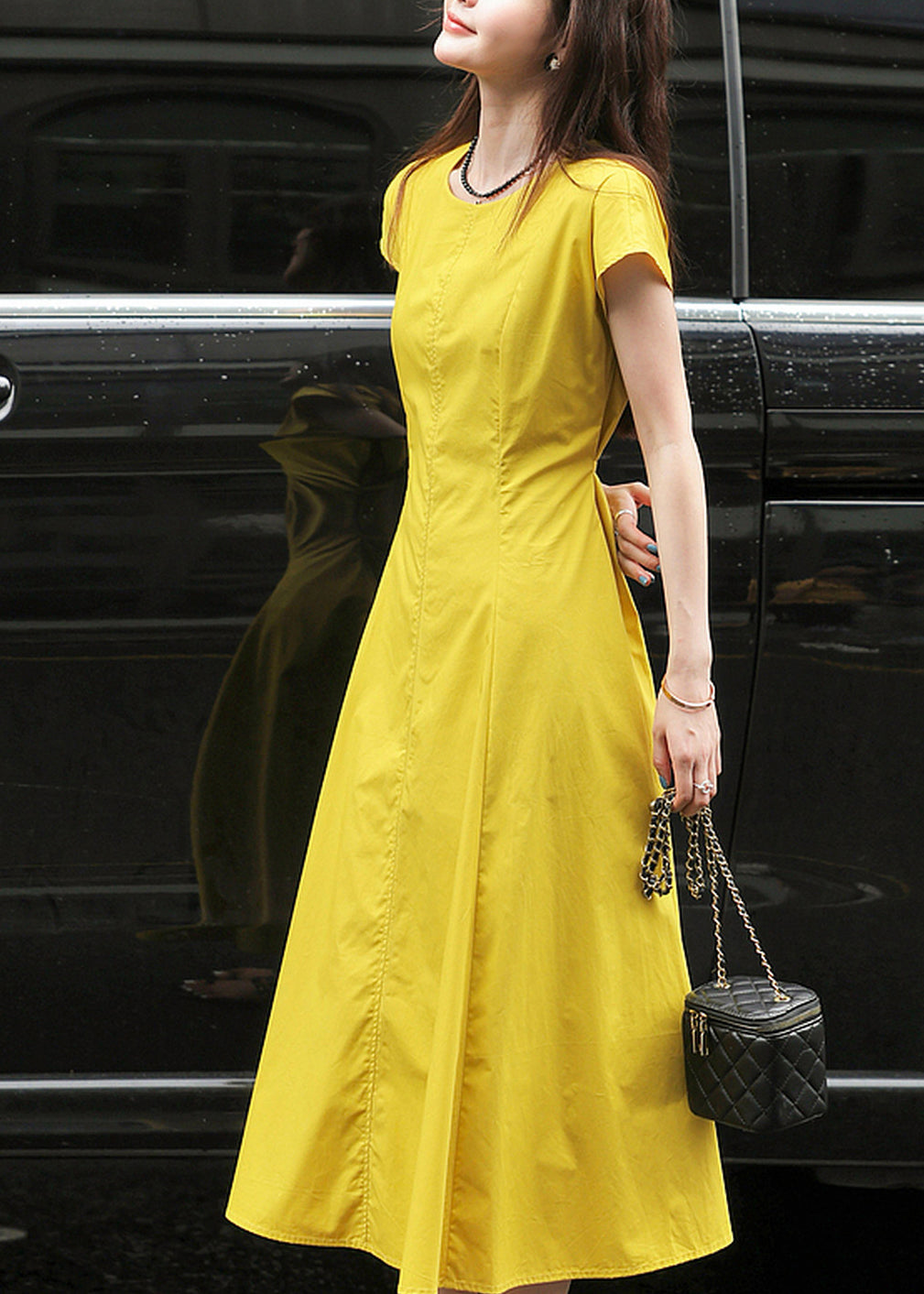 Modern Turmeric Yellow O-Neck Holiday Solid Long Dress Short Sleeve