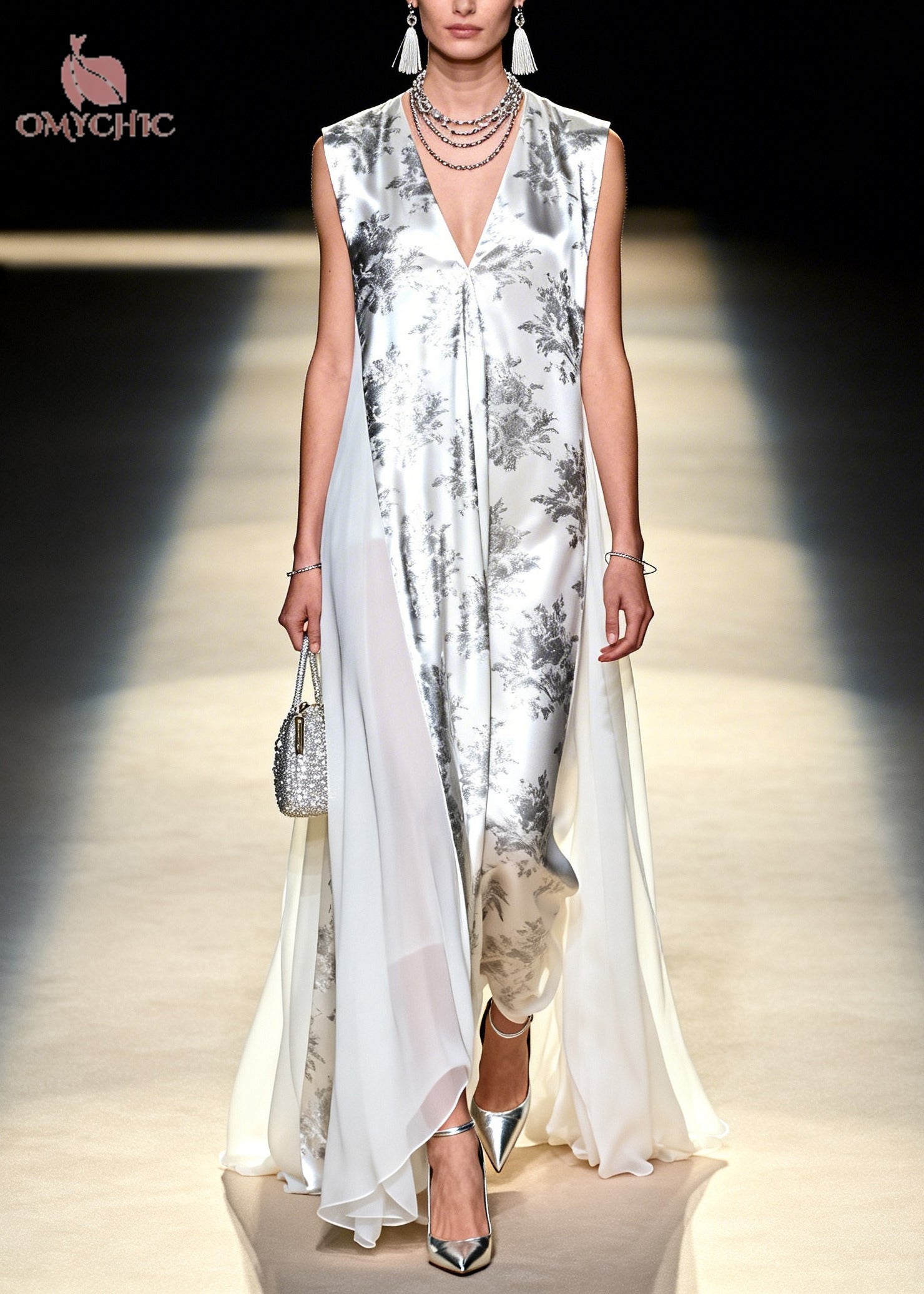 Modern White Print Patchwork Exra Large Hem Chiffon Holiday Dress Sleeveless