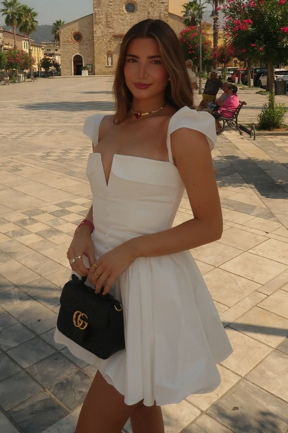 Modern White Fit and Flare Homecoming Dress with Deep V Corset Bodice