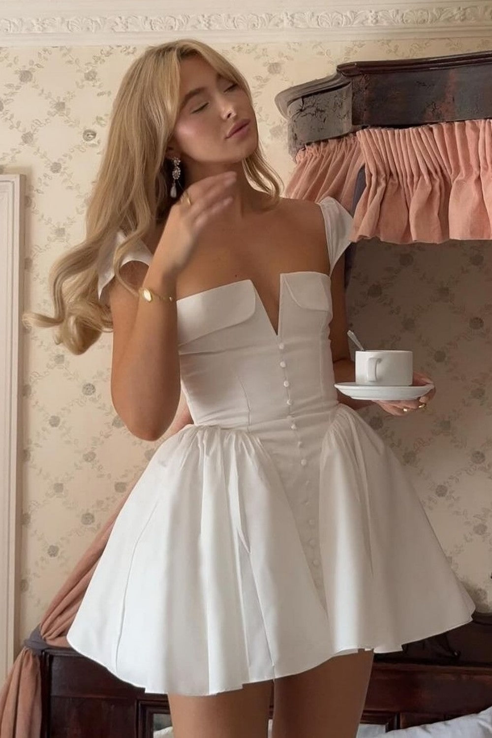 Modern White Fit and Flare Homecoming Dress with Deep V Corset Bodice