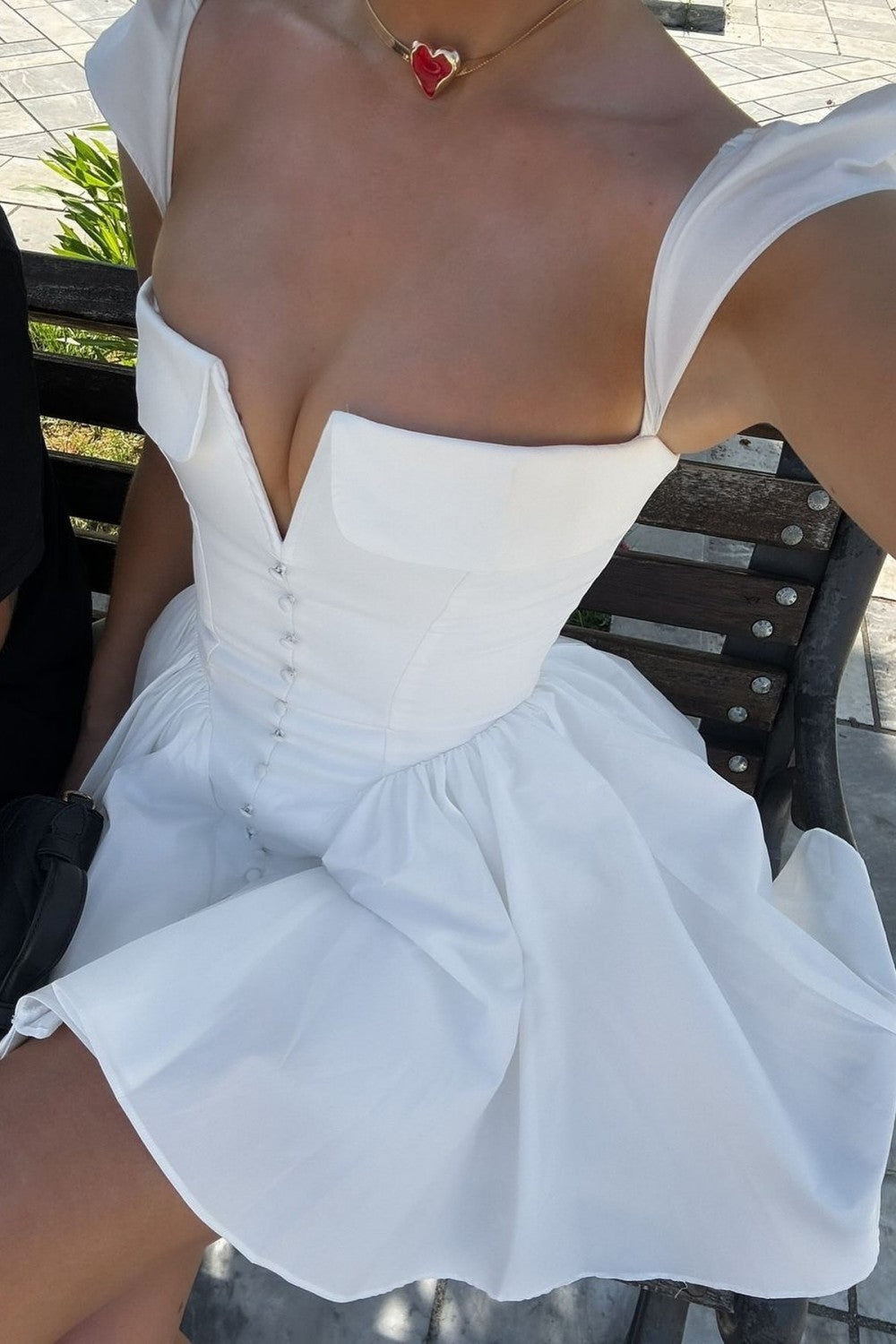Modern White Fit and Flare Homecoming Dress with Deep V Corset Bodice