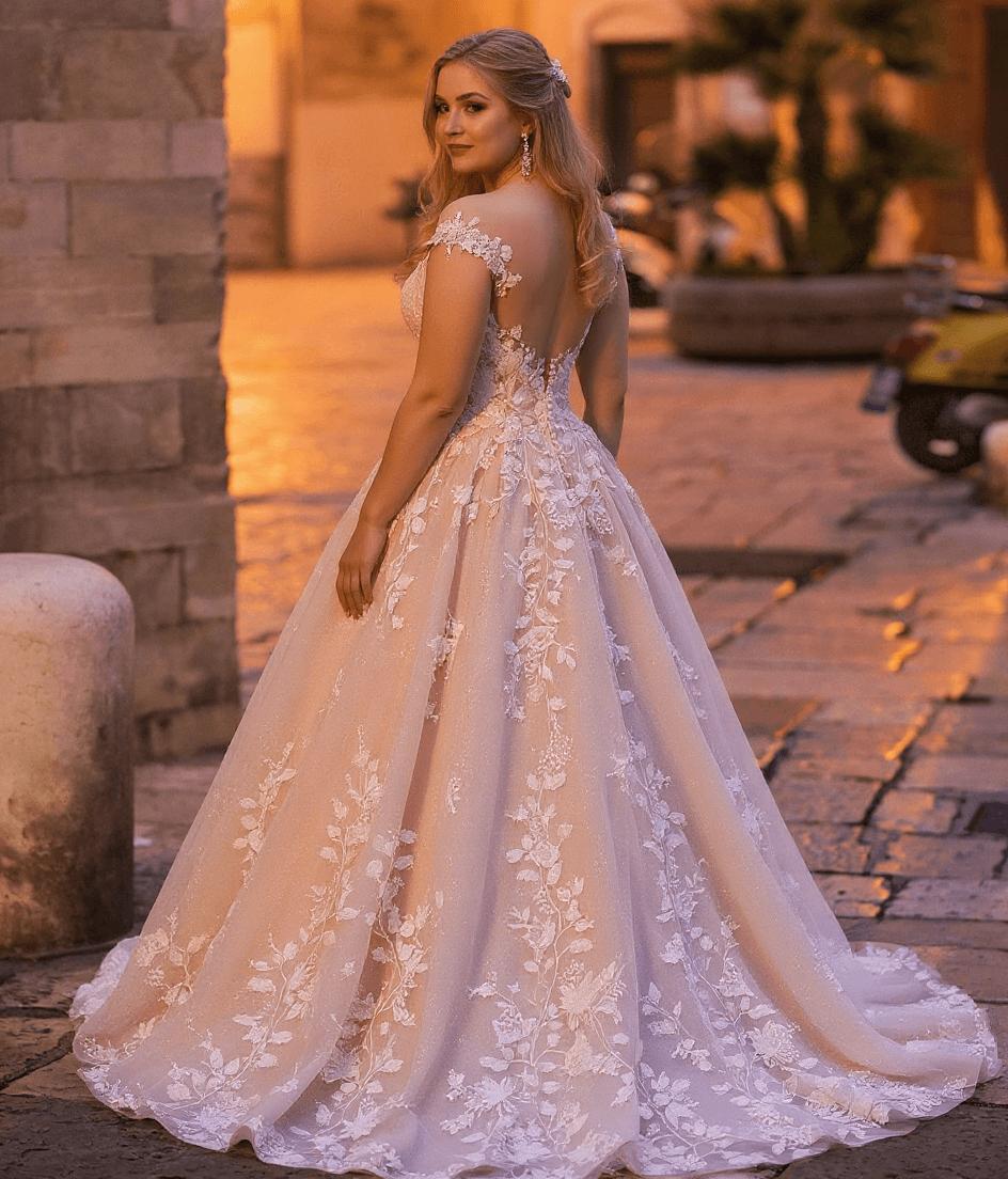 Modest Aline Wedding Dress Cap Sleeves Floral Tulle Lace Floor Length Bridal Dress