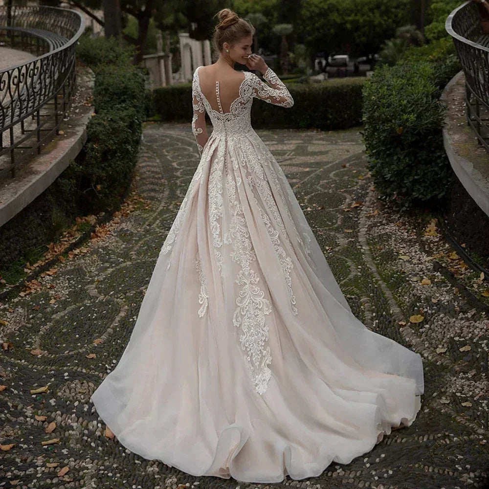 Modest Champagne Wedding Dress Appliques Long Sleeves Vestido De Noiva Sweep Train Sexy Backless Vestidos De Novia (ZD14036)