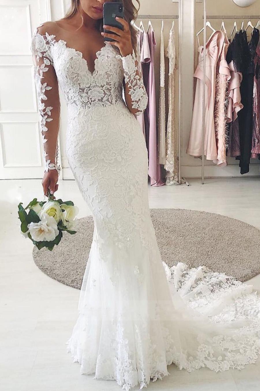 Modest Long Mermaid Sweetheart Lace Wedding Dress with Sleeves