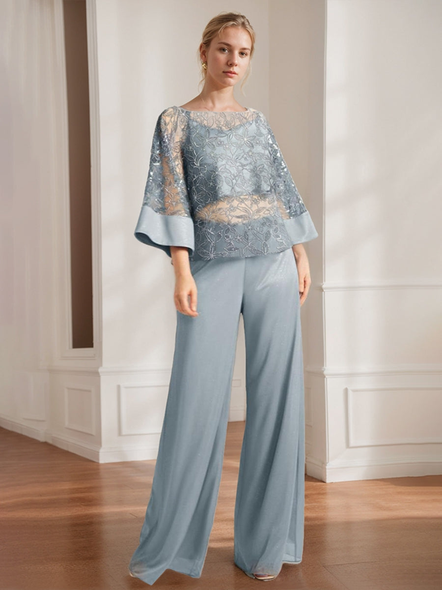 Mother of the Bride 2 Piece Chiffon Pantsuit Featuring Lace Appliques and Sequins