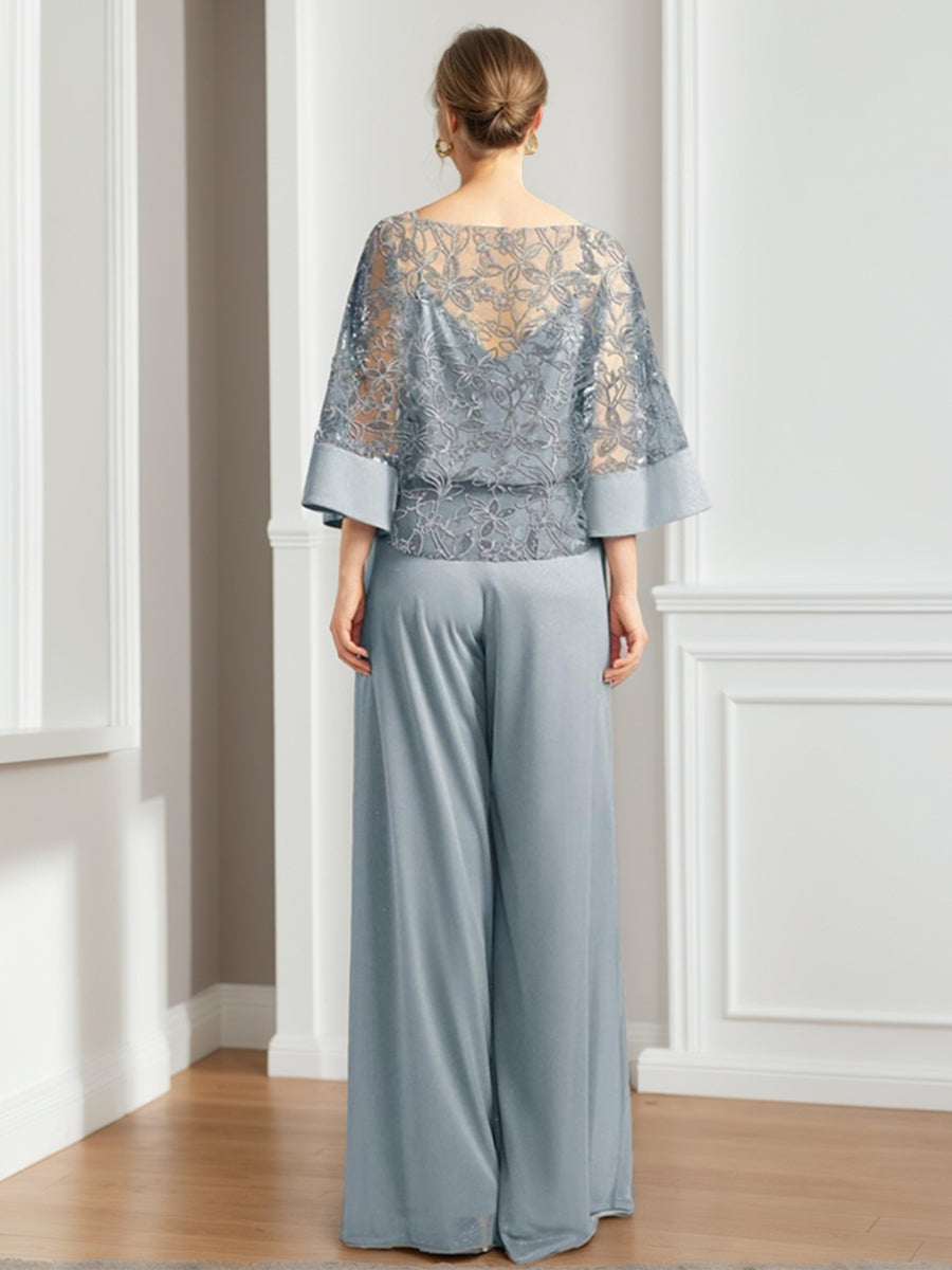 Mother of the Bride 2 Piece Chiffon Pantsuit Featuring Lace Appliques and Sequins