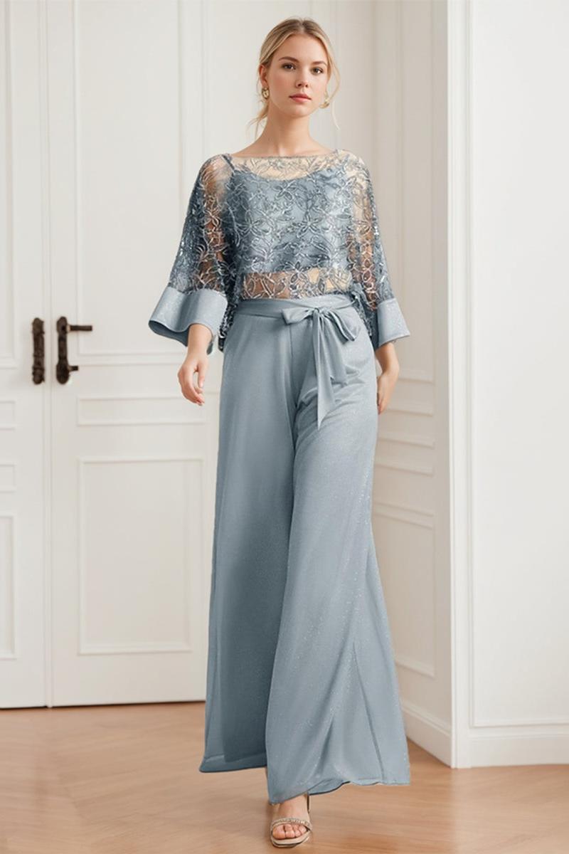 Mother of the Bride 2 Piece Chiffon Pantsuit Featuring Lace Appliques and Sequins