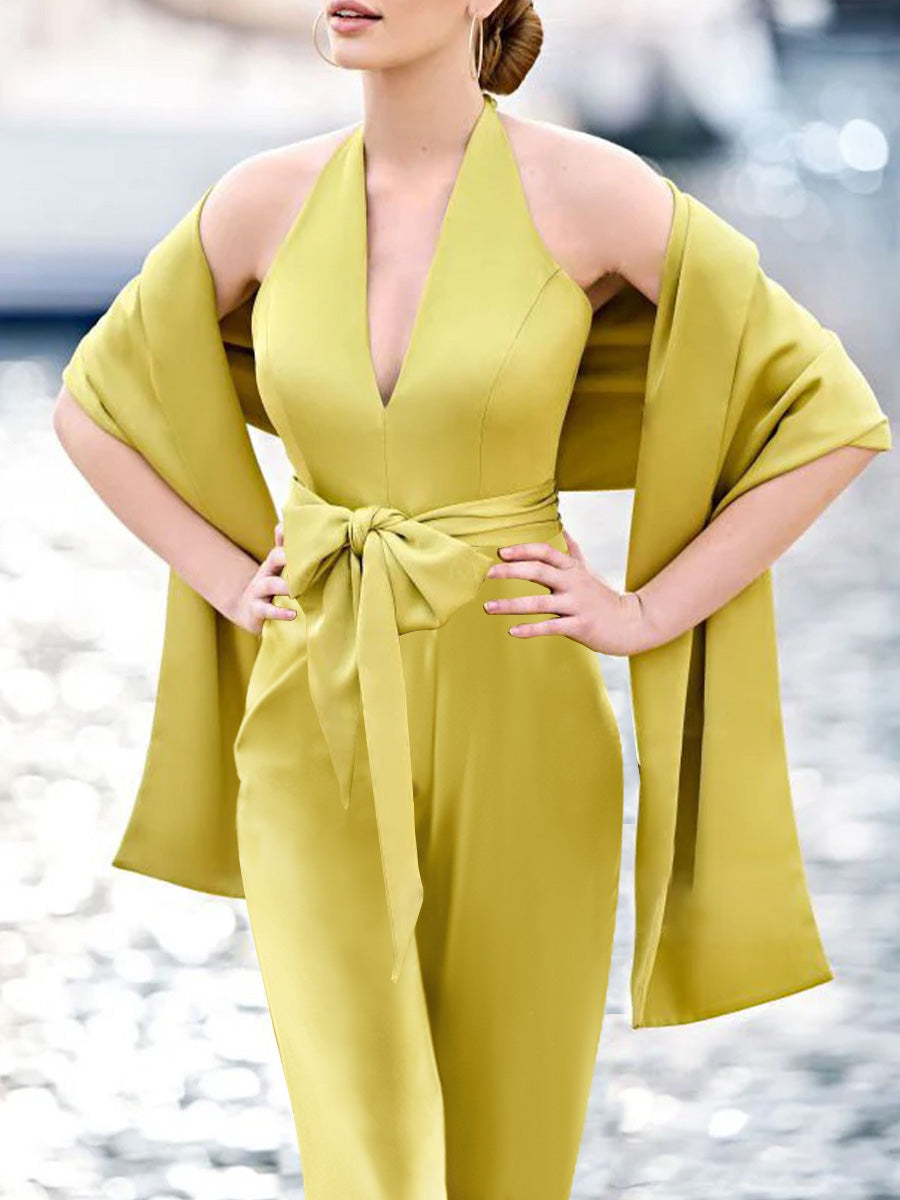 Mother of the Bride 2 Piece V Neck Sleeveless Pantsuit with Bow Belt Floor Length