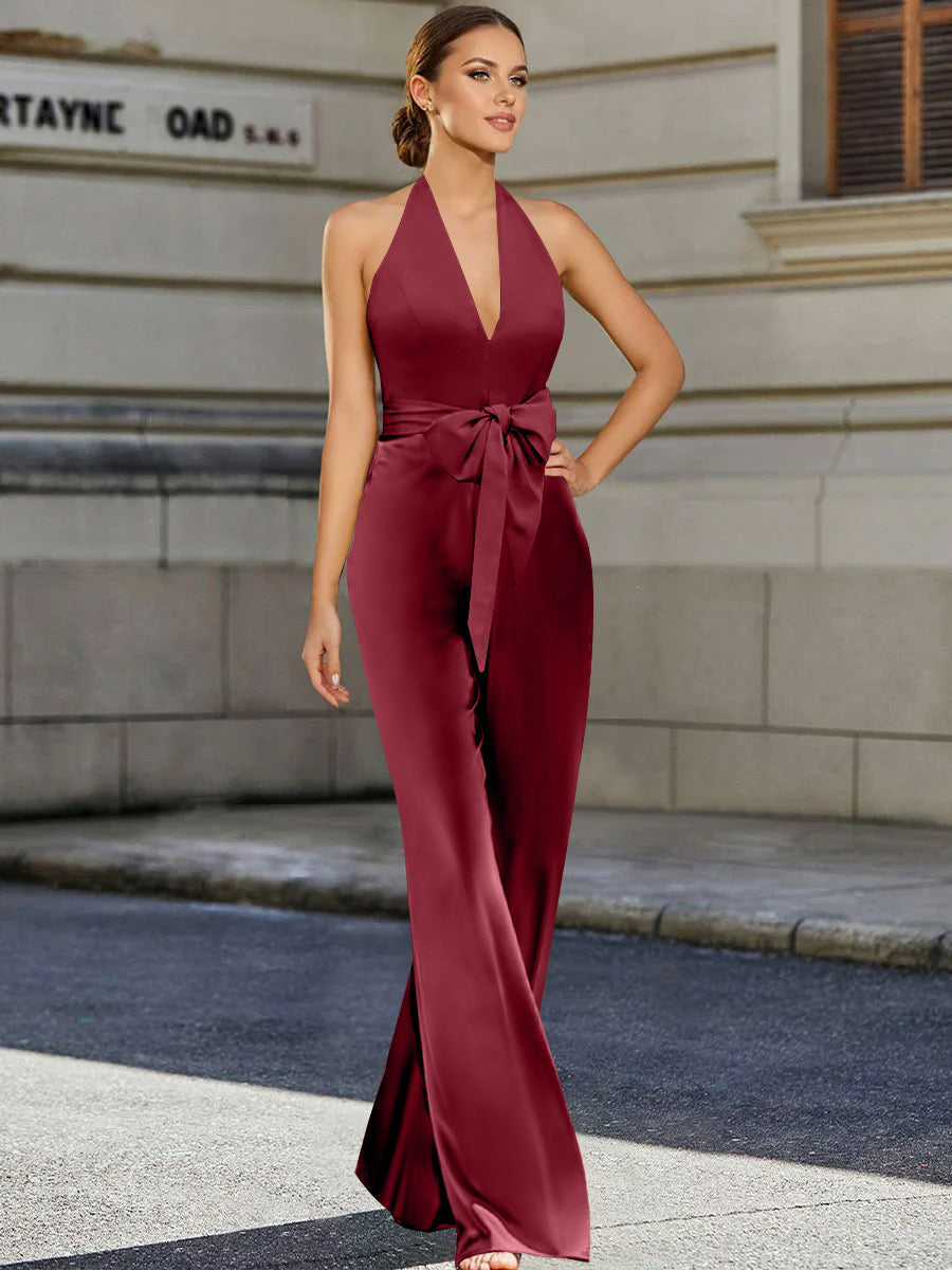 Mother of the Bride 2 Piece V Neck Sleeveless Pantsuit with Bow Belt Floor Length