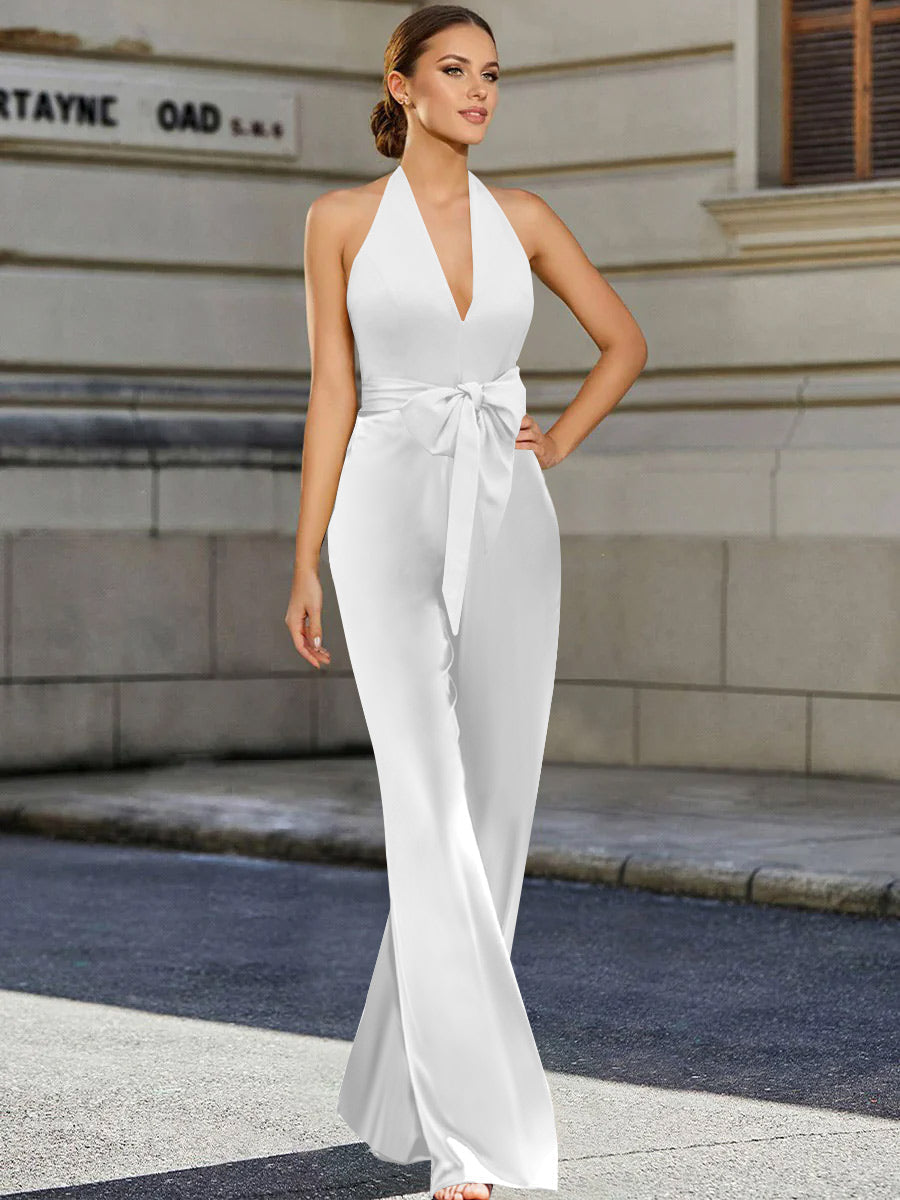 Mother of the Bride 2 Piece V Neck Sleeveless Pantsuit with Bow Belt Floor Length