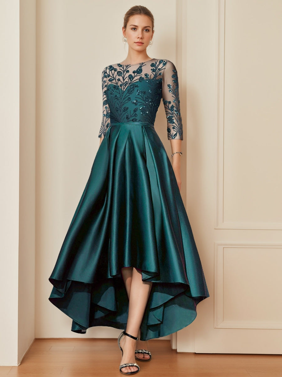 Mother of the Bride A Line Dress with Scoop Neck 3/4 Sleeves and Asymmetrical Appliques