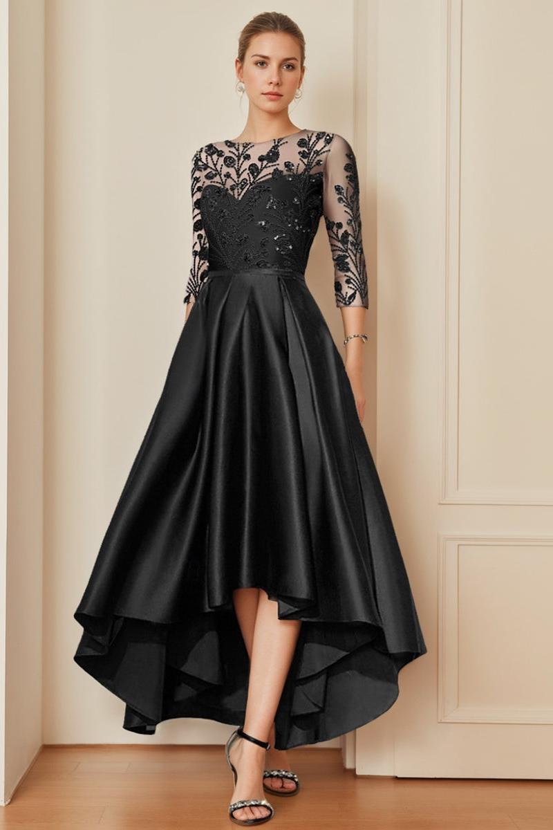 Mother of the Bride A Line Dress with Scoop Neck 3/4 Sleeves and Asymmetrical Appliques
