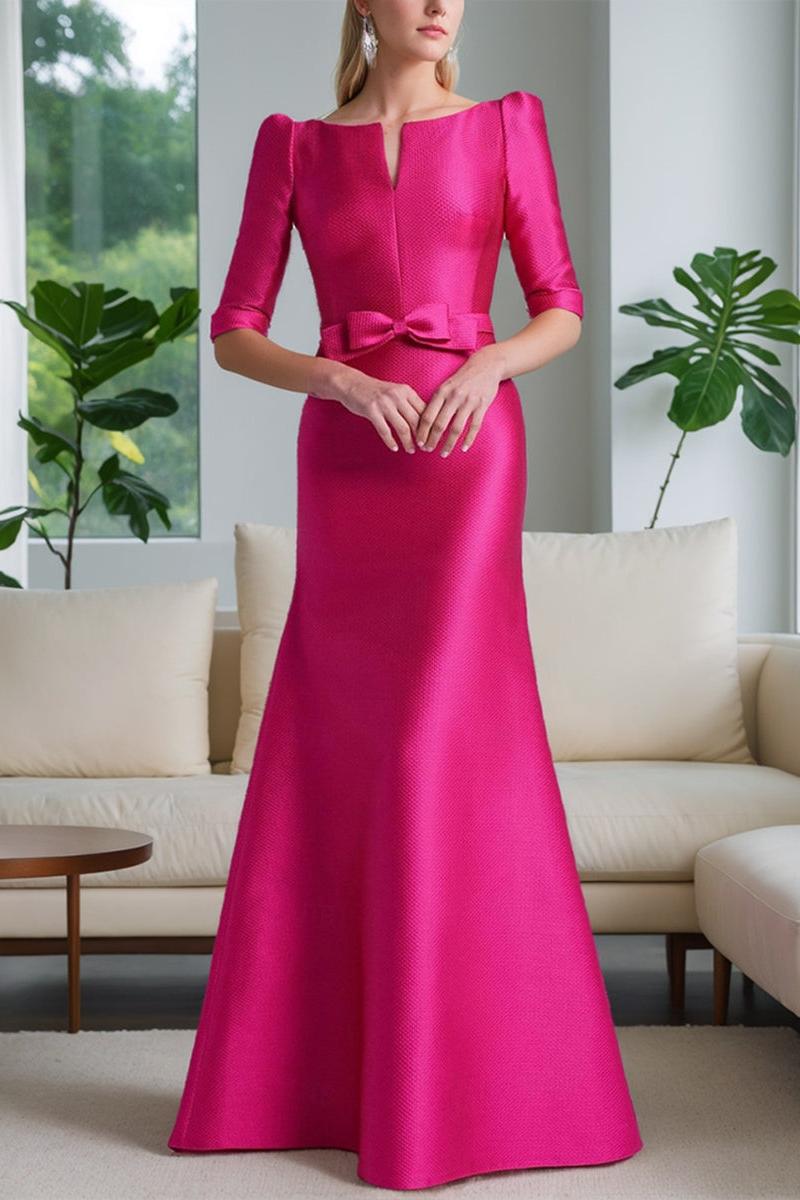 Mother of the Bride A Line Dress with Scoop Neck Half Sleeves and Bow Belt