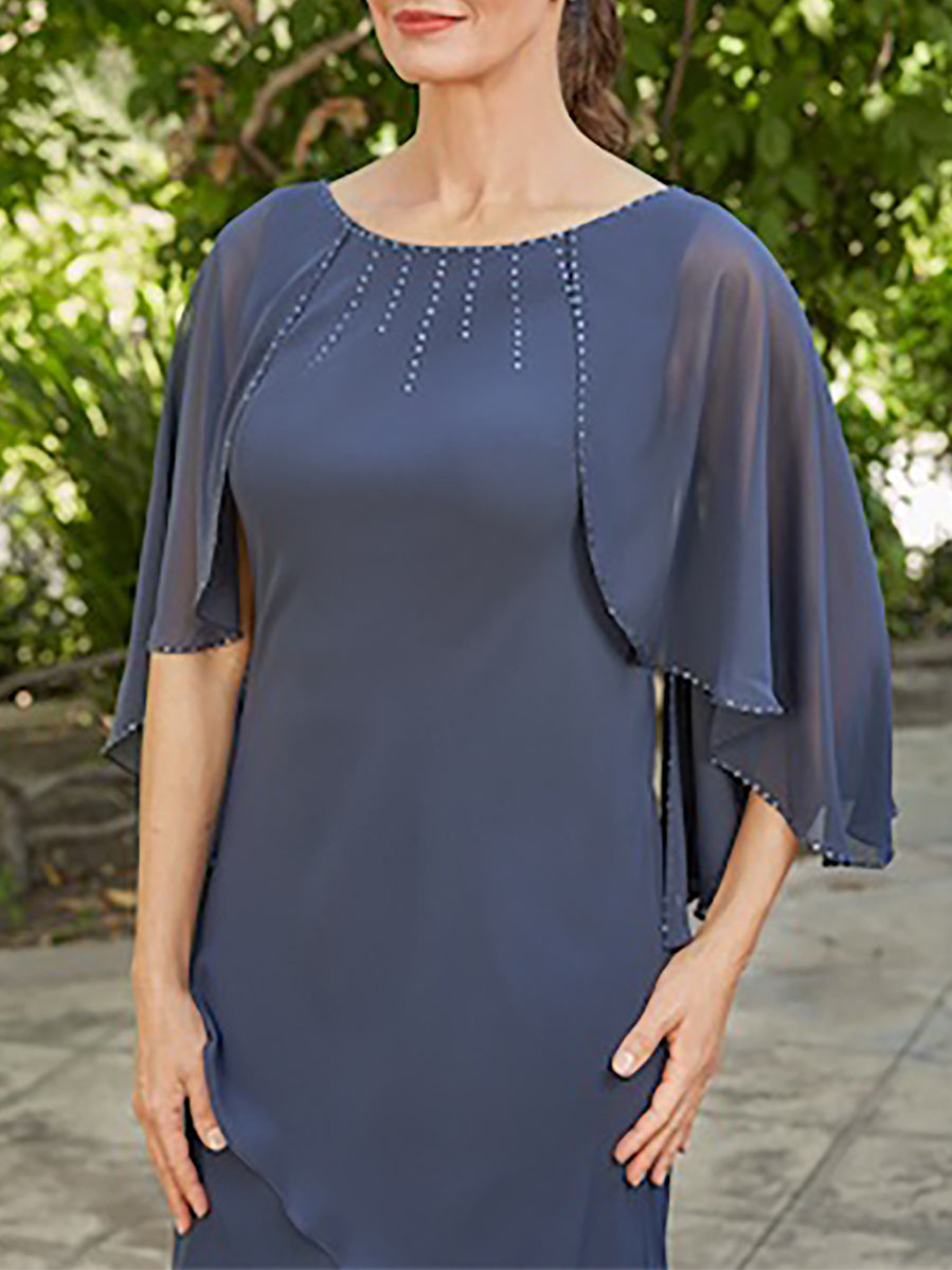 Mother of the Bride & Groom A Line Dress with Scoop Neck 3/4 Sleeves Rhinestones and Ruffles