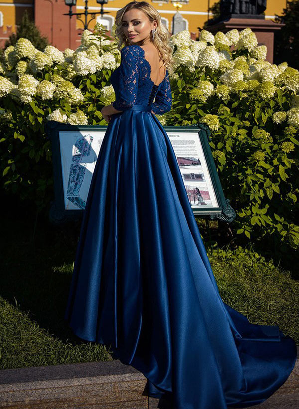 Mother of the Bride Satin A Line Dress Featuring Lace and Belt