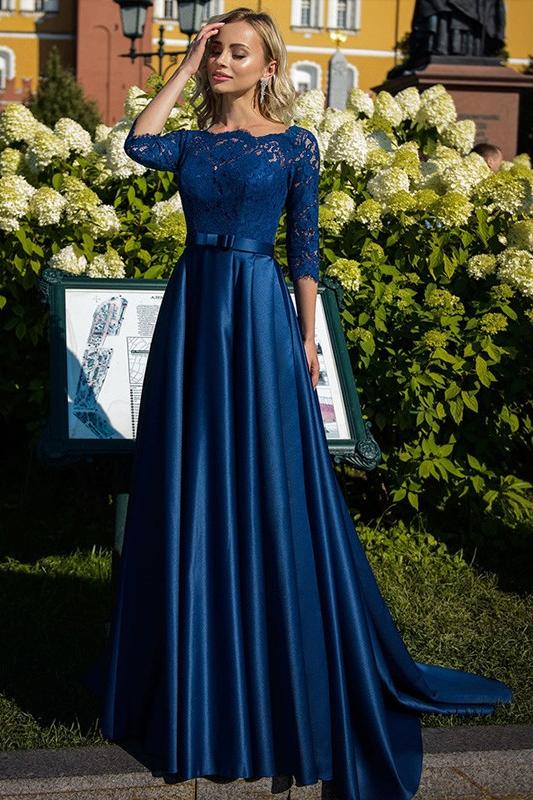 Mother of the Bride Satin A Line Dress Featuring Lace and Belt