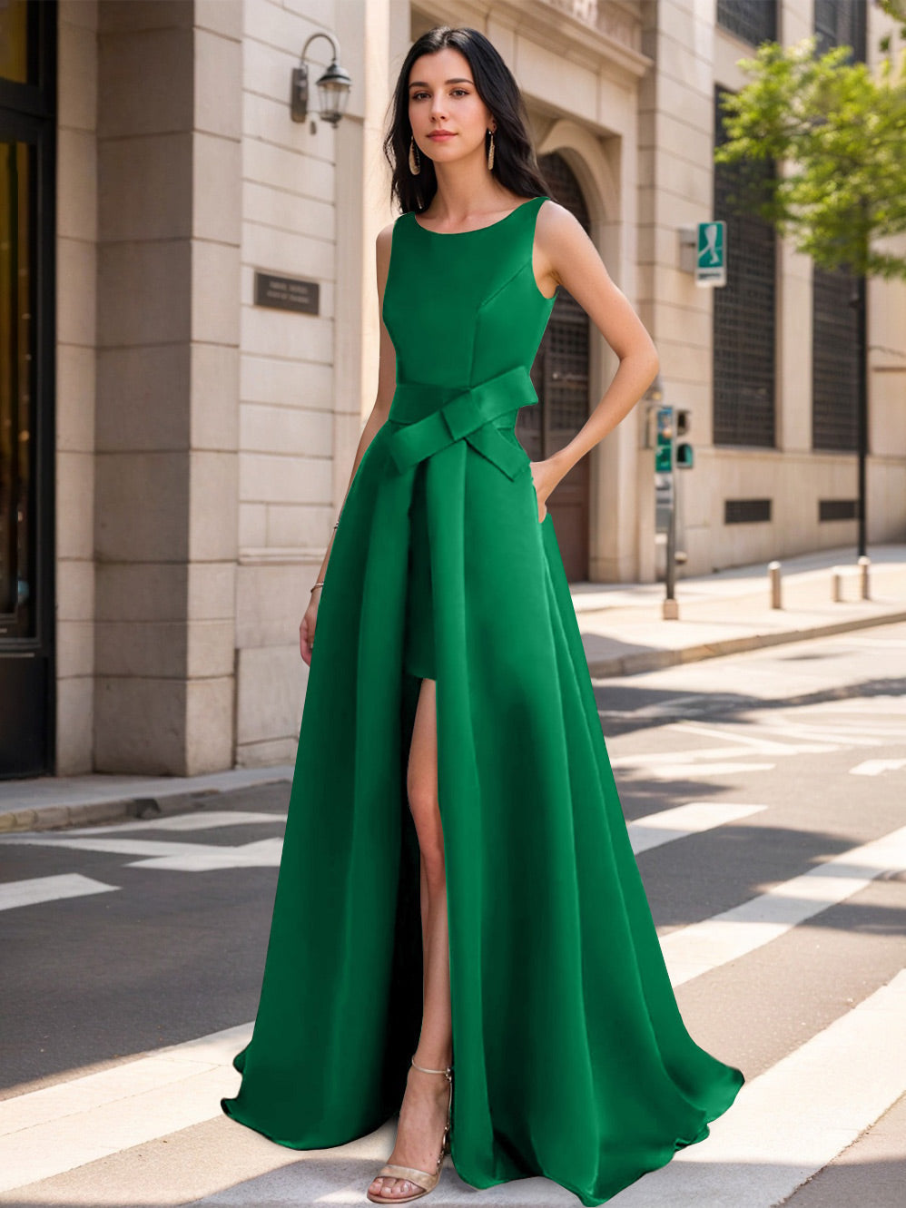 Mother of the Bride Scoop Neck A Line Dress with High Split and Bow