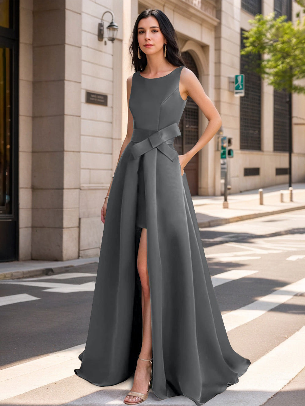 Mother of the Bride Scoop Neck A Line Dress with High Split and Bow