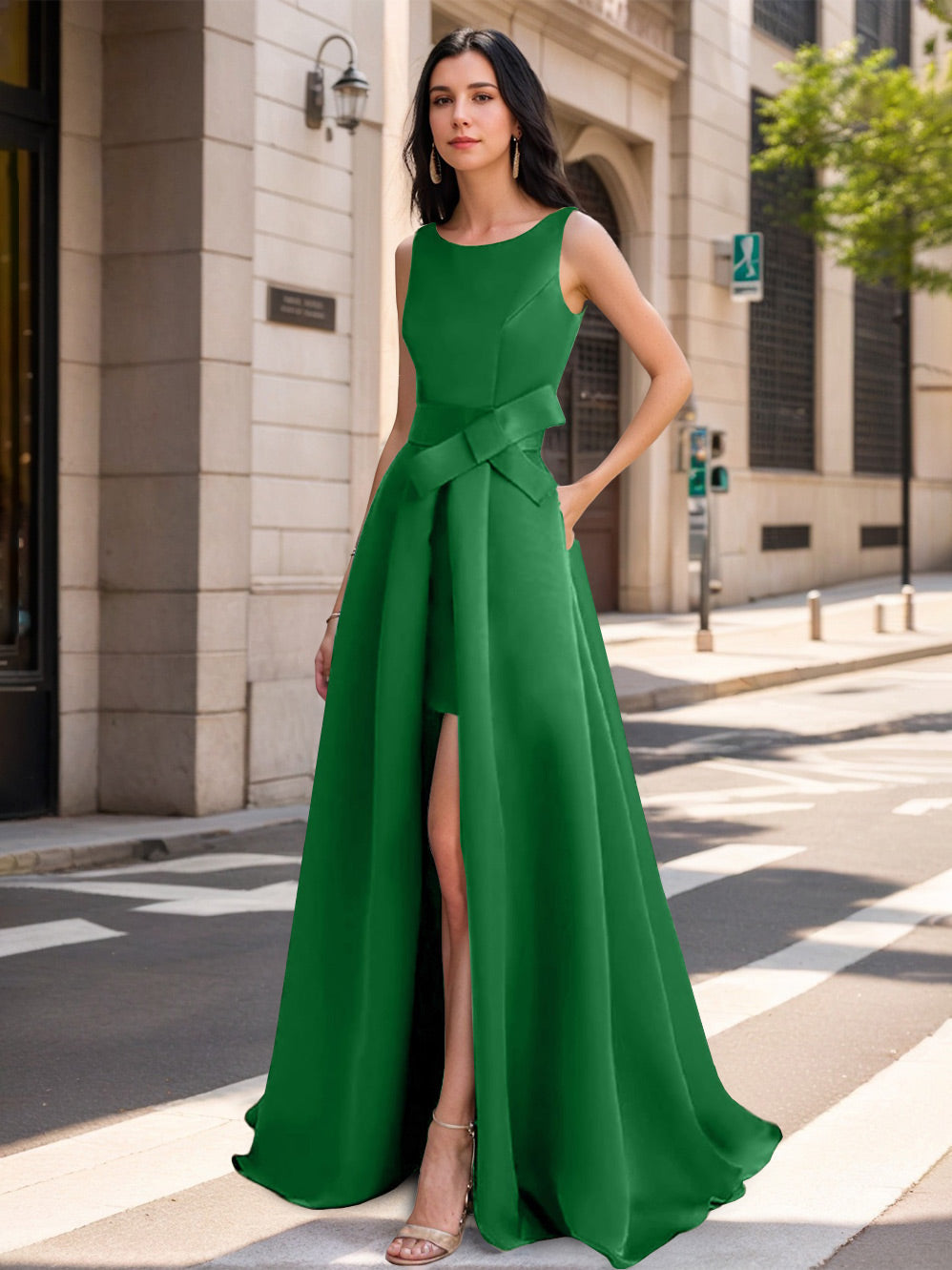 Mother of the Bride Scoop Neck A Line Dress with High Split and Bow