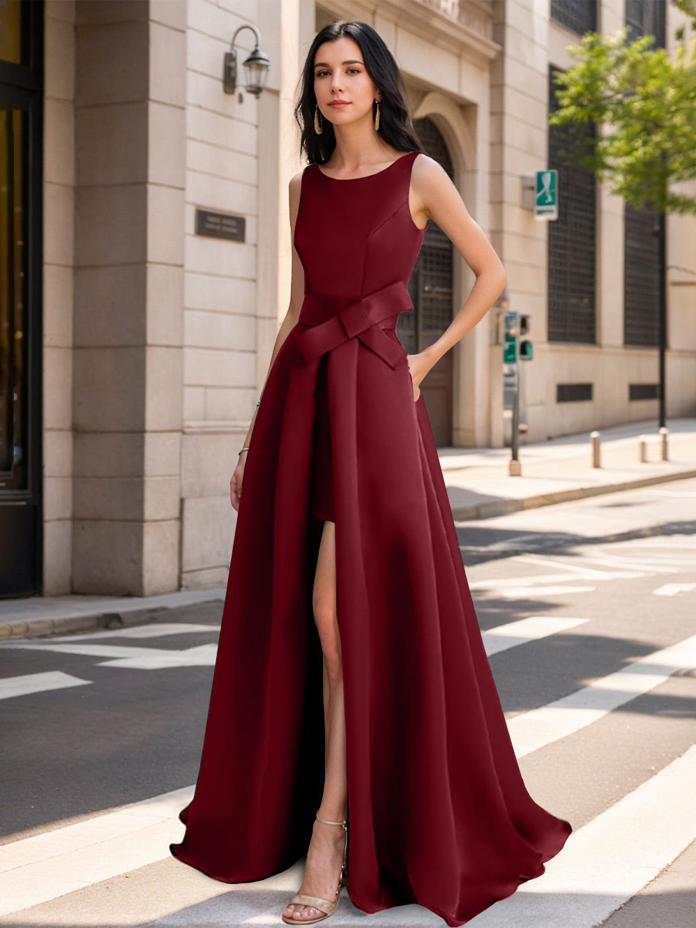 Mother of the Bride Scoop Neck A Line Dress with High Split and Bow