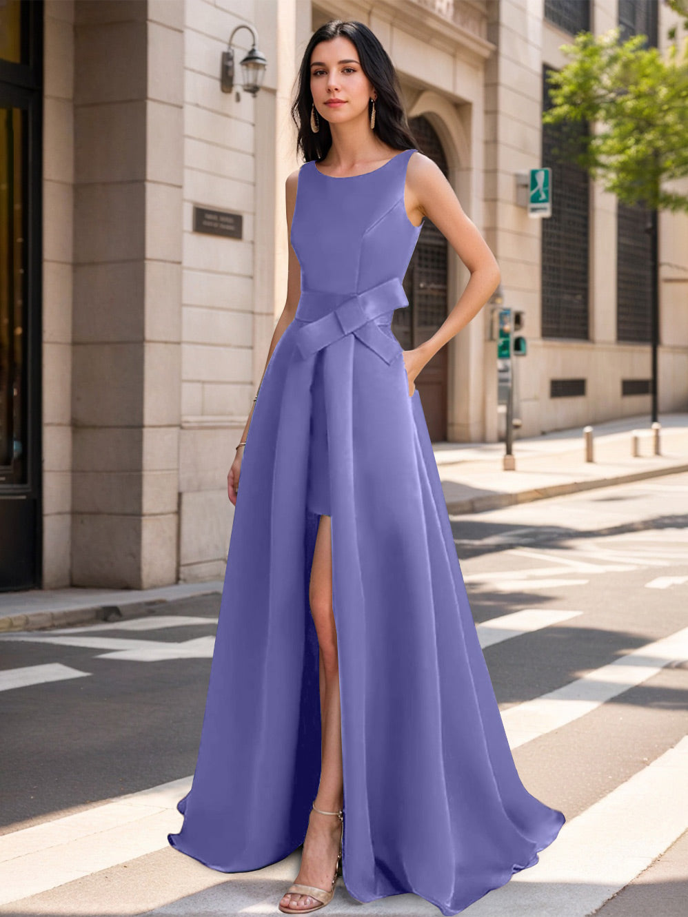 Mother of the Bride Scoop Neck A Line Dress with High Split and Bow