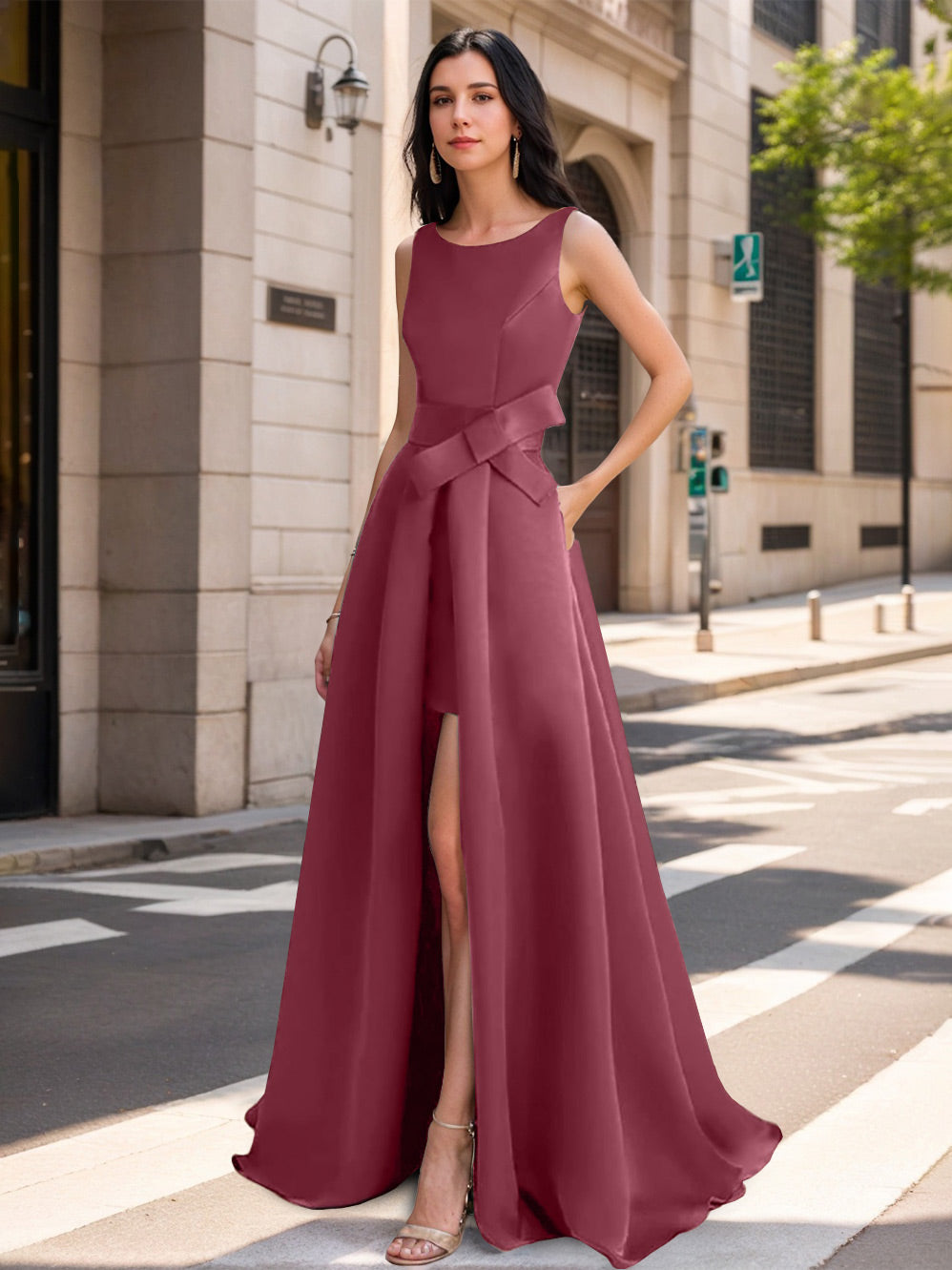 Mother of the Bride Scoop Neck A Line Dress with High Split and Bow