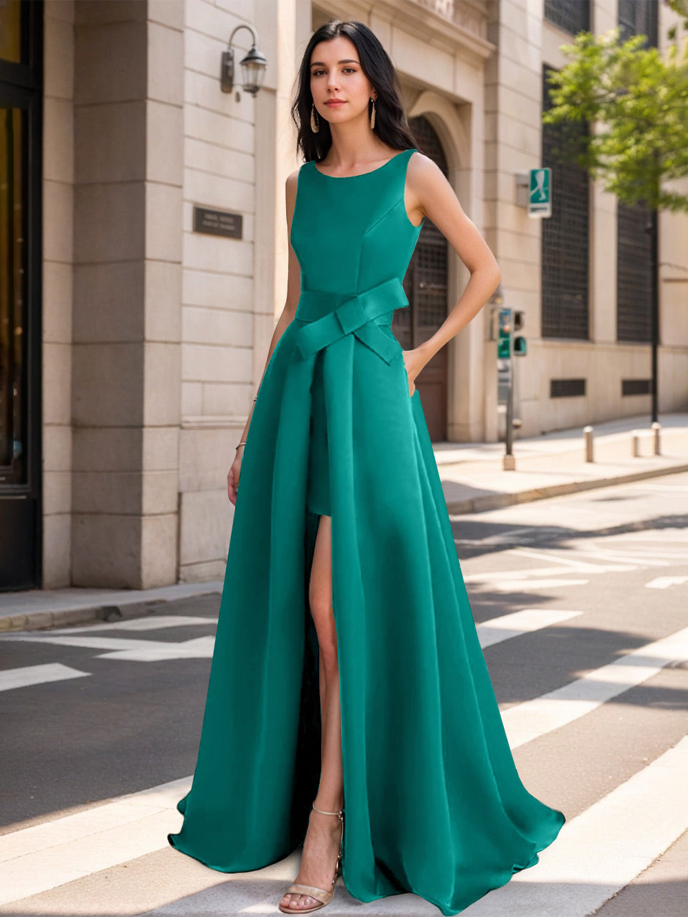 Mother of the Bride Scoop Neck A Line Dress with High Split and Bow