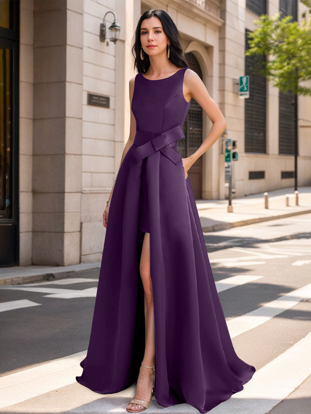 Mother of the Bride Scoop Neck A Line Dress with High Split and Bow