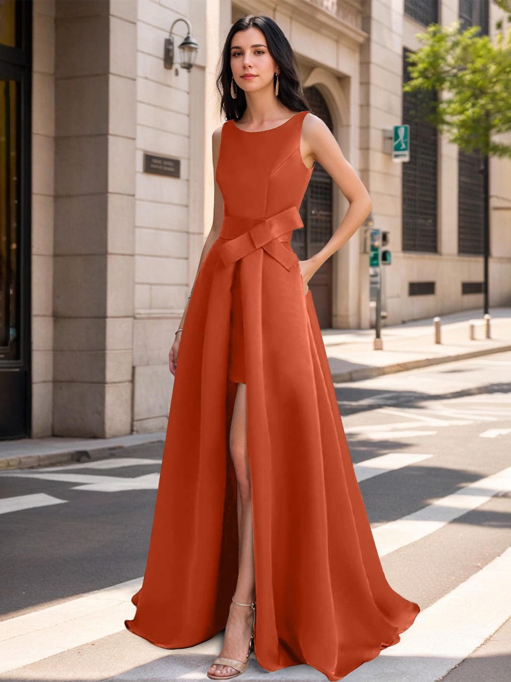 Mother of the Bride Scoop Neck A Line Dress with High Split and Bow