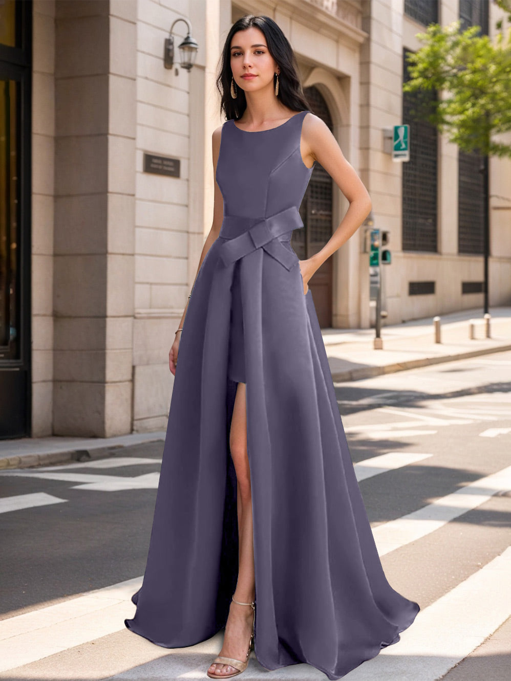 Mother of the Bride Scoop Neck A Line Dress with High Split and Bow