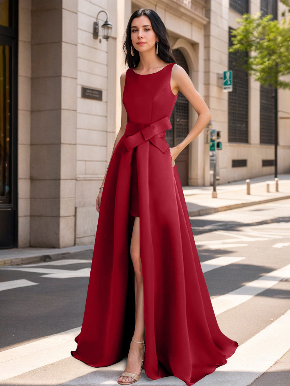Mother of the Bride Scoop Neck A Line Dress with High Split and Bow