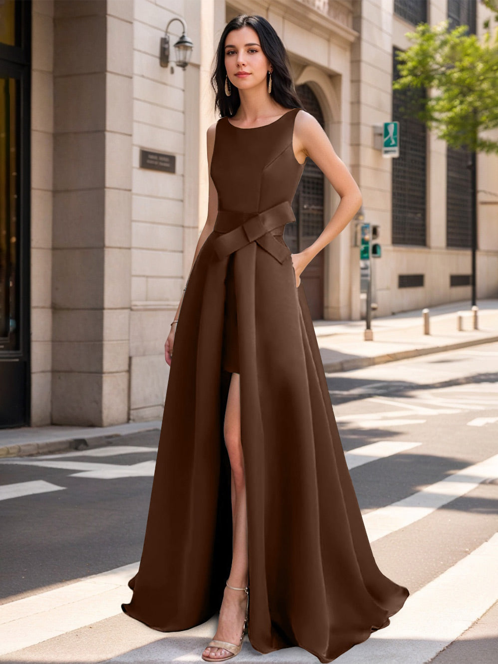 Mother of the Bride Scoop Neck A Line Dress with High Split and Bow