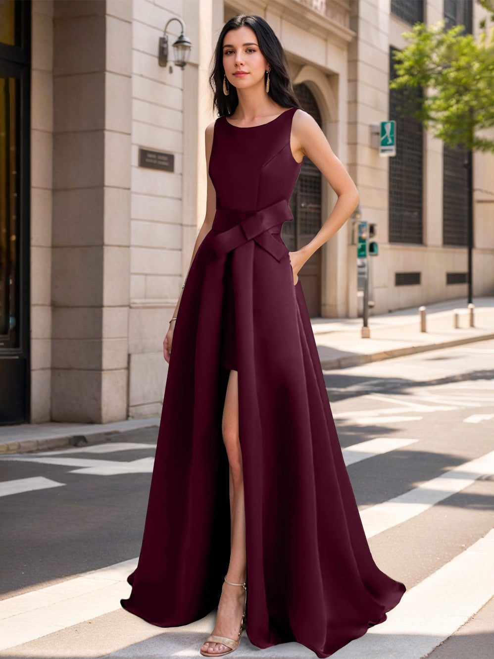 Mother of the Bride Scoop Neck A Line Dress with High Split and Bow