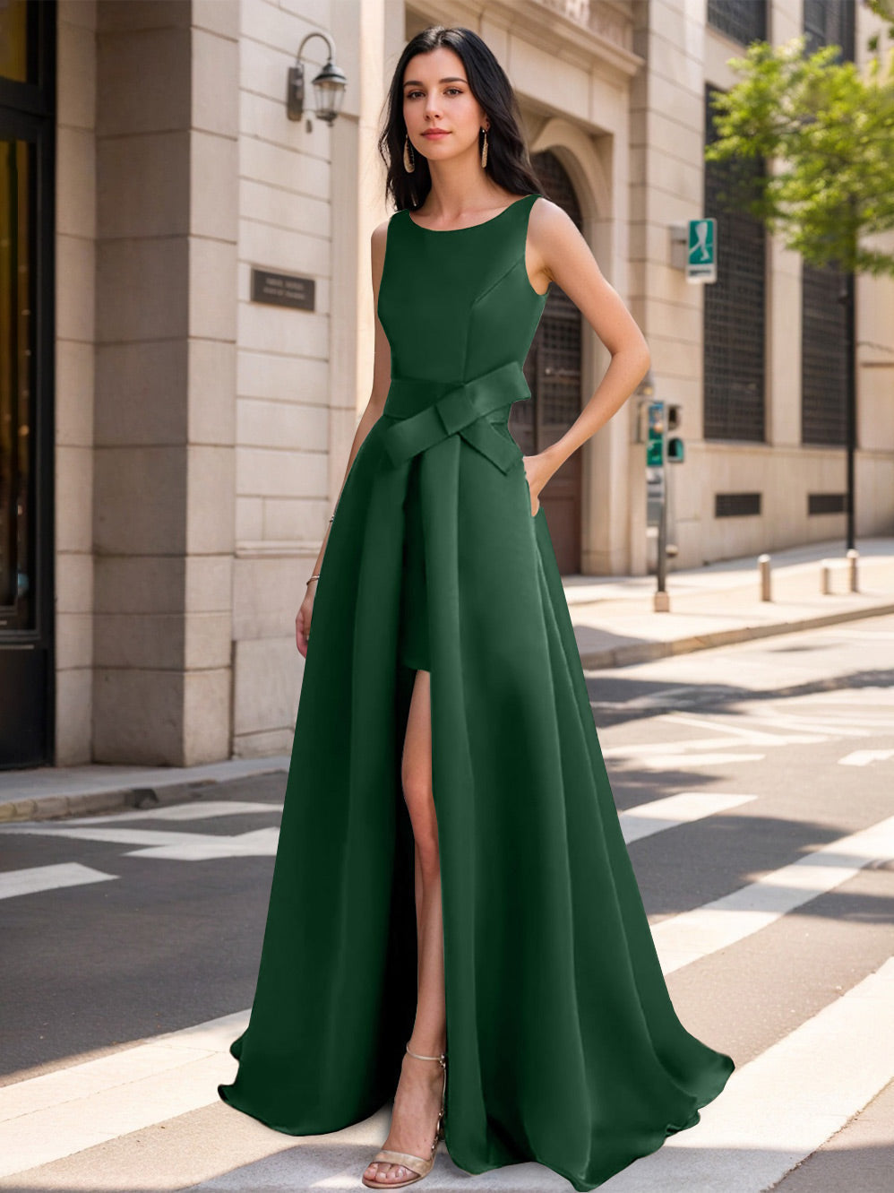 Mother of the Bride Scoop Neck A Line Dress with High Split and Bow