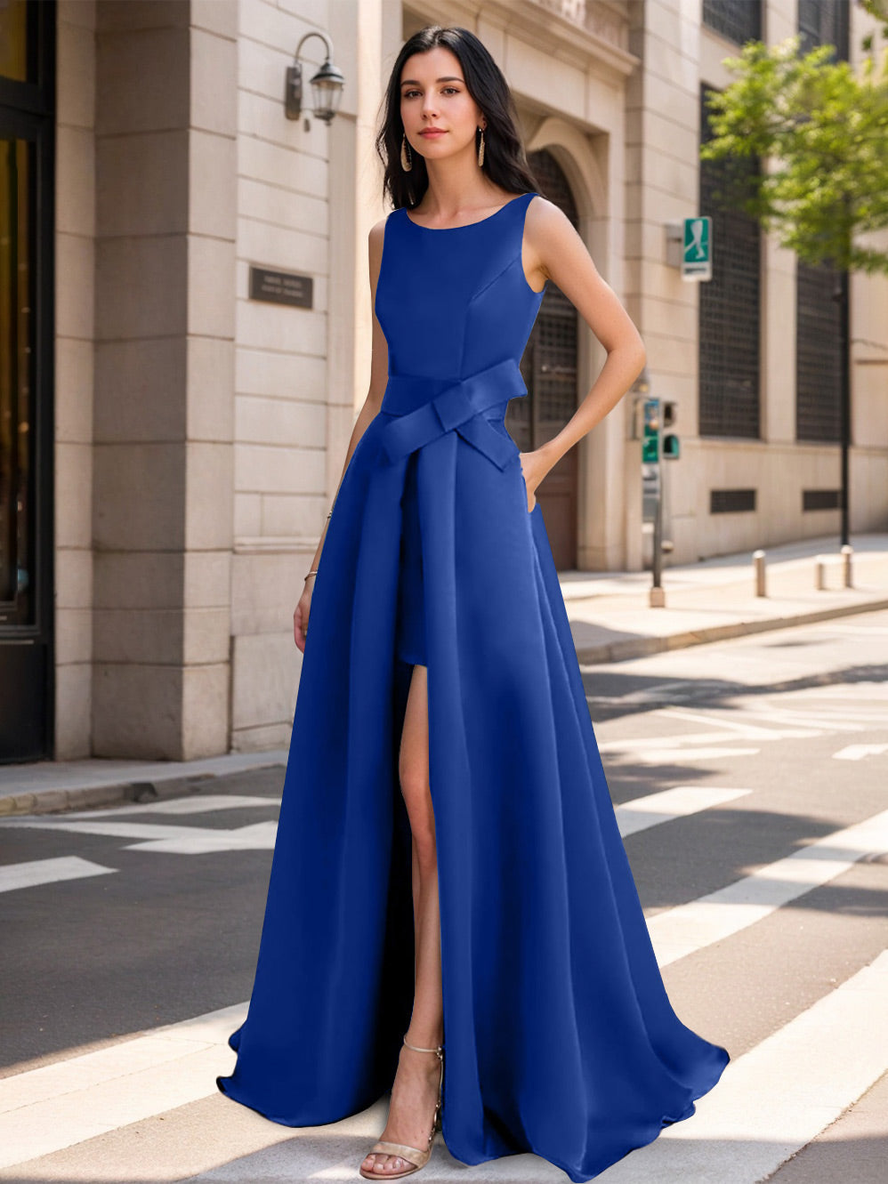 Mother of the Bride Scoop Neck A Line Dress with High Split and Bow