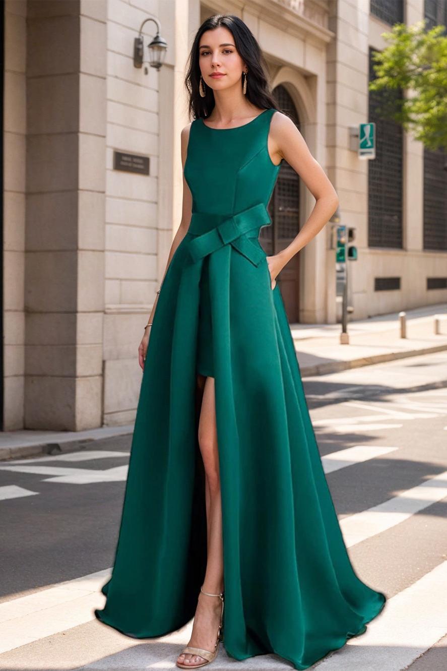 Mother of the Bride Scoop Neck A Line Dress with High Split and Bow