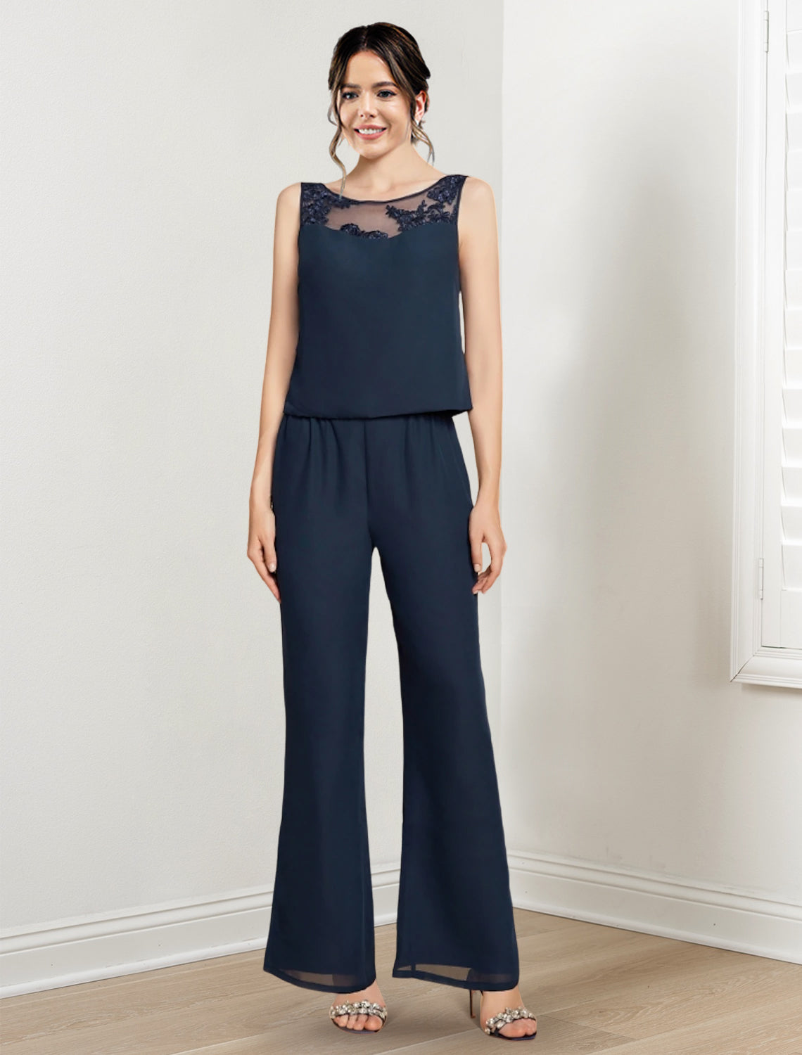 Mother of the Bride Scoop Neck Chiffon Pantsuit with Jacket