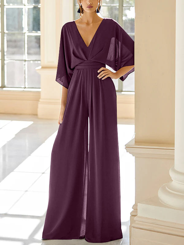 Mother of the Bride V Neck Chiffon Pantsuit Featuring Pockets