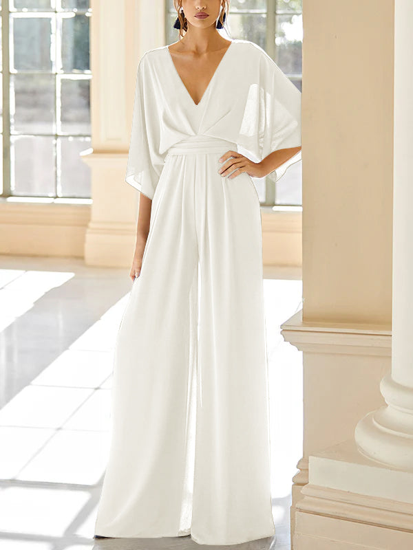 Mother of the Bride V Neck Chiffon Pantsuit Featuring Pockets