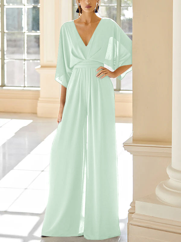 Mother of the Bride V Neck Chiffon Pantsuit Featuring Pockets