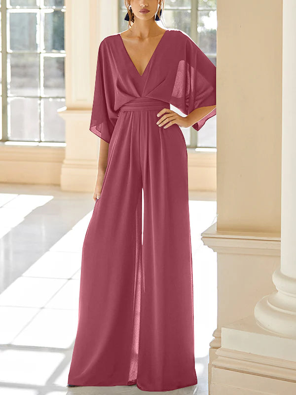 Mother of the Bride V Neck Chiffon Pantsuit Featuring Pockets