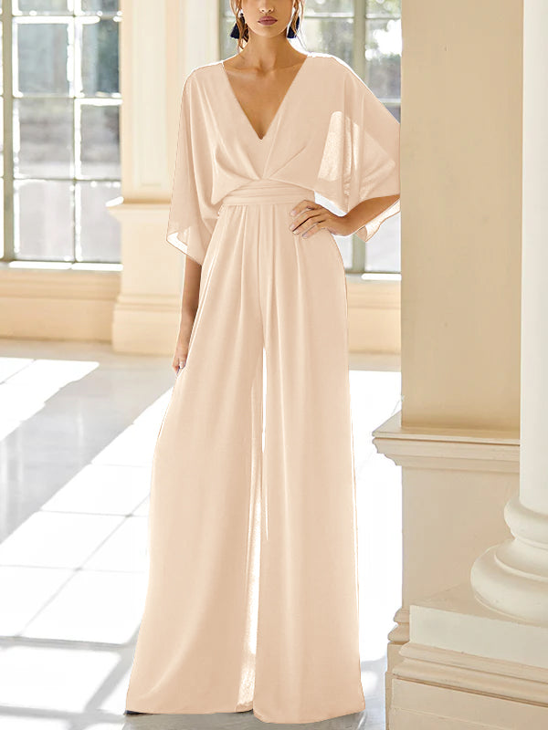 Mother of the Bride V Neck Chiffon Pantsuit Featuring Pockets