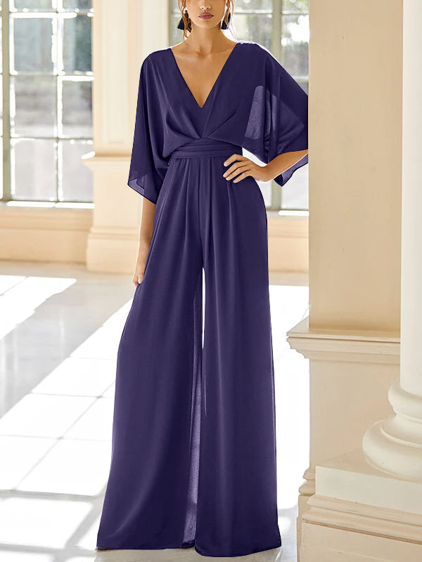 Mother of the Bride V Neck Chiffon Pantsuit Featuring Pockets