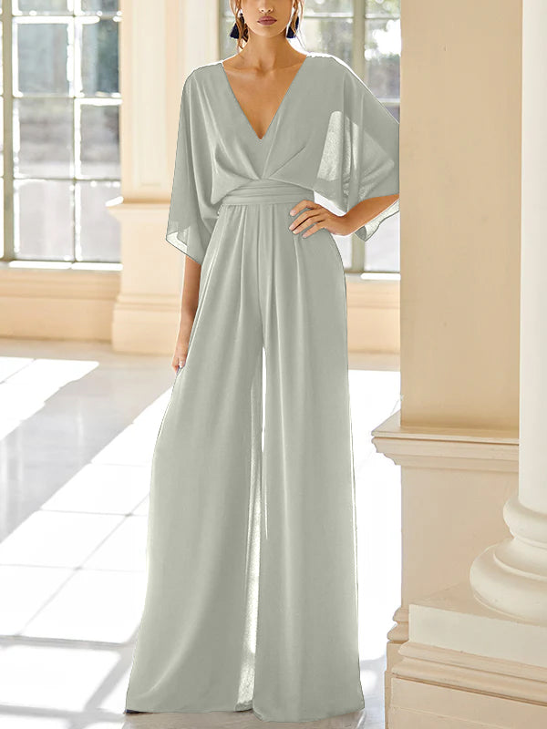 Mother of the Bride V Neck Chiffon Pantsuit Featuring Pockets